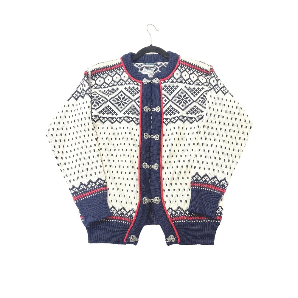 Dale of Norway Vintage Wool Nordic Fair Isle Cardigan Sweater Blue White Clasp